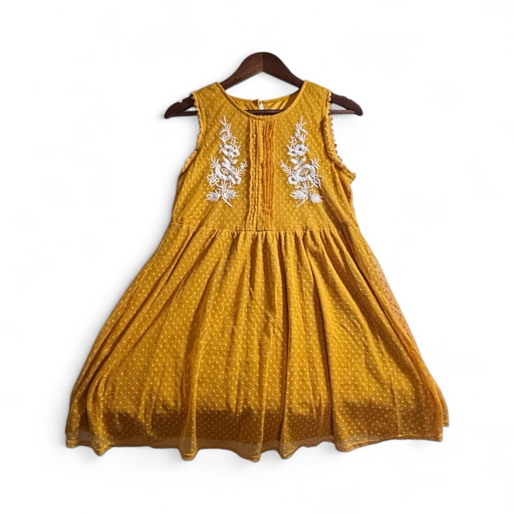 Women’s Elegant Mustard Dress with White Floral Detail Size Small